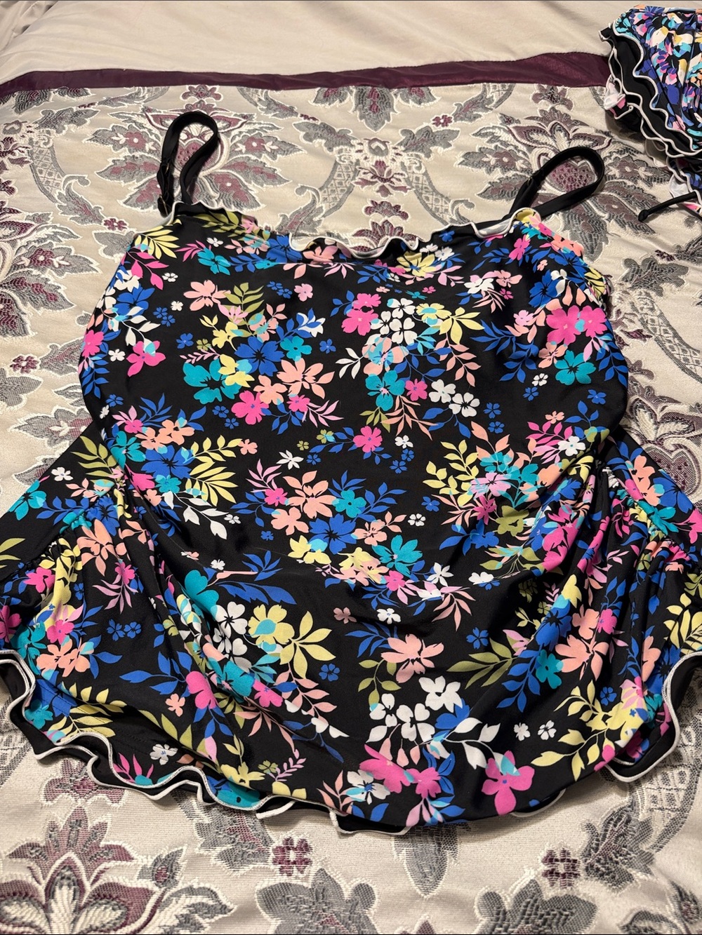 Island Escape Black Floral Girls One-Piece Swimsuit with Multicolor Flowers